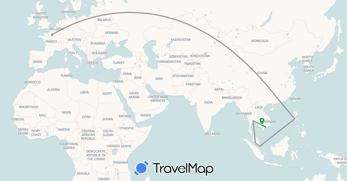 TravelMap itinerary: driving, bus, plane in China, France, Cambodia, Malaysia, Philippines, Singapore, Thailand, Vietnam (Asia, Europe)